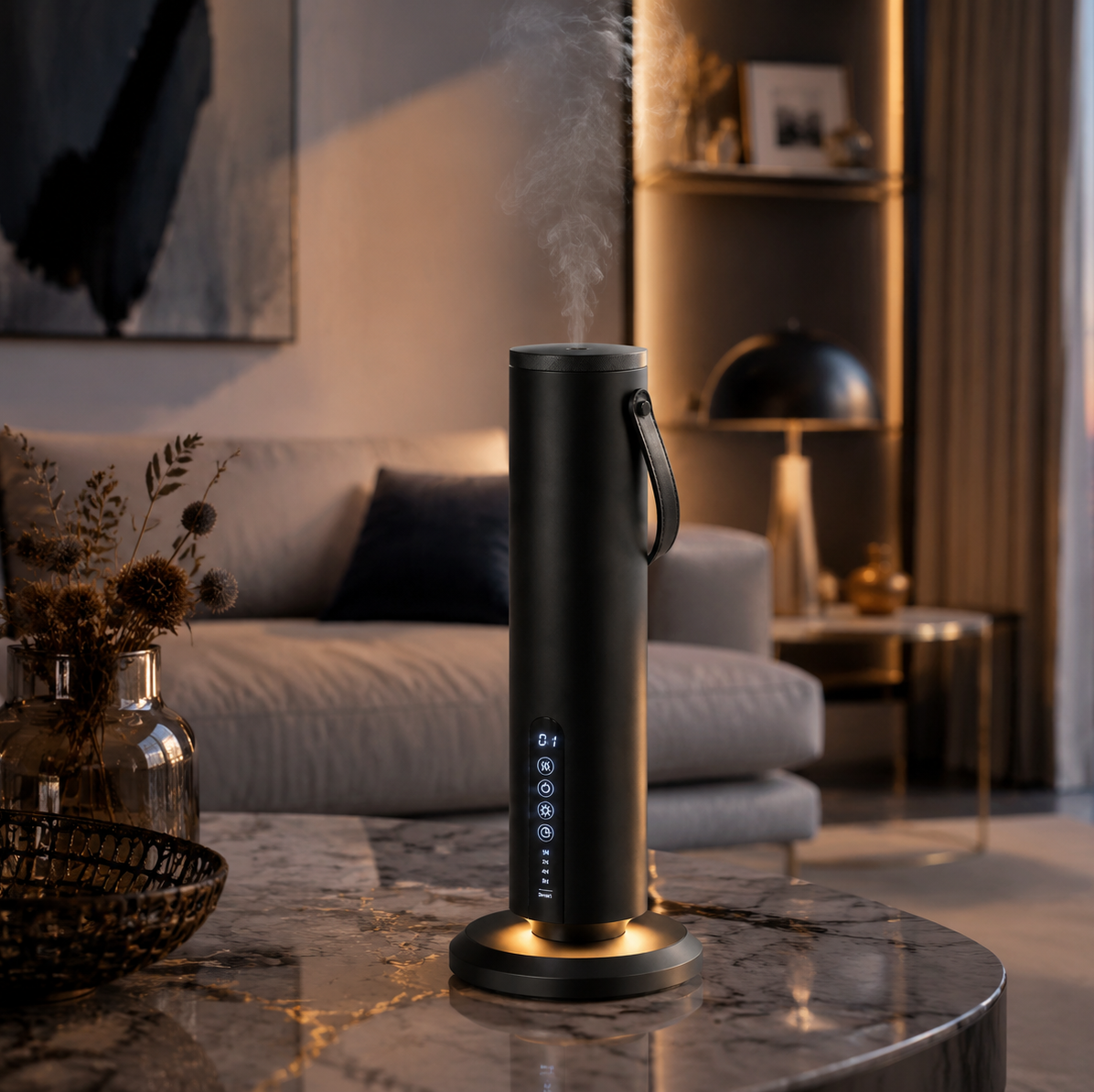 A sleek black cylindrical steam humidifier with a digital display and carrying handle, sitting on a marble coffee table in a modern, warmly lit living room.