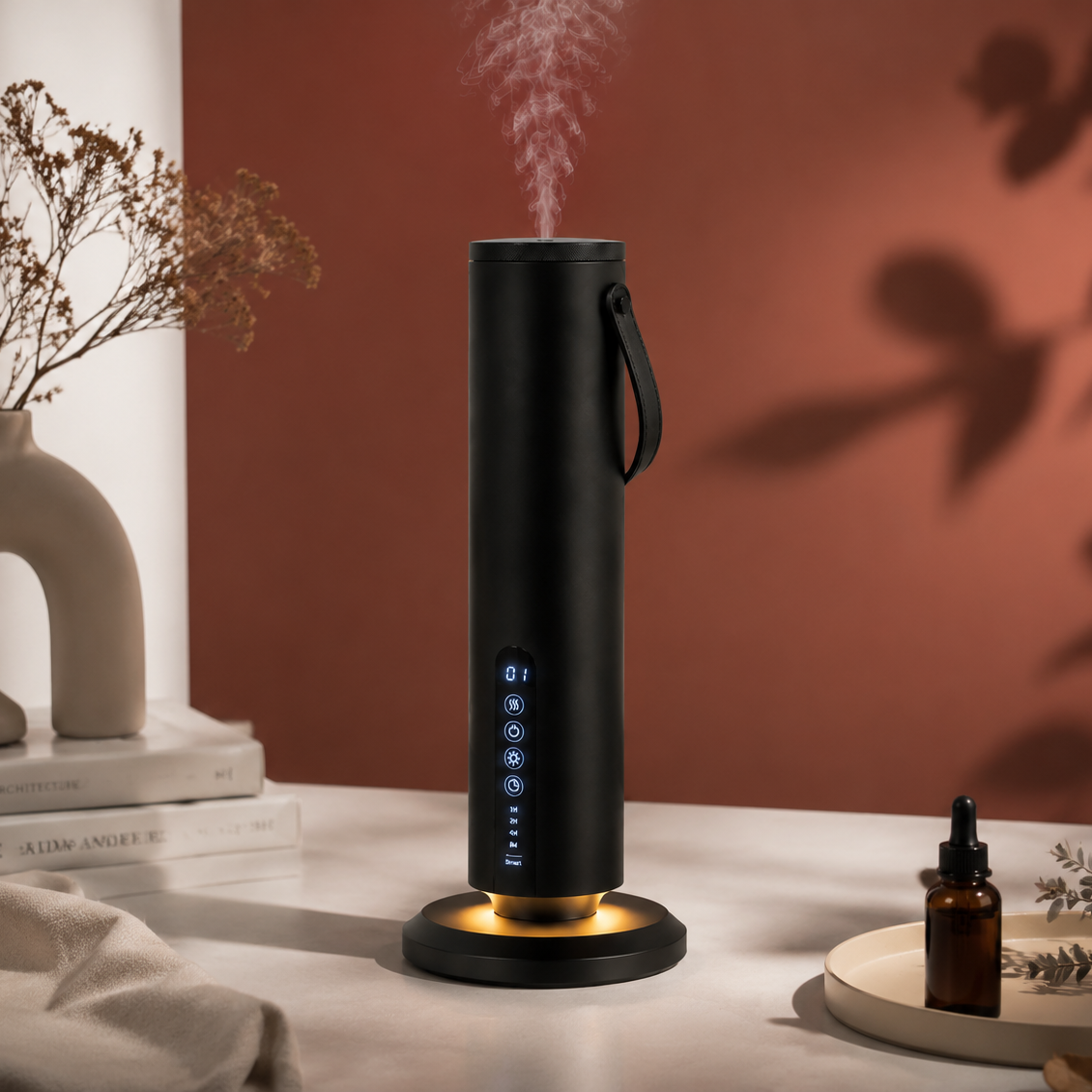 A black cylindrical tabletop diffuser or humidifier with a hanging loop and illuminated blue control buttons, placed on a white surface against a terracotta wall. Dry branches in a sculptural vase, stacked books, and a small amber dropper bottle are arranged around it.