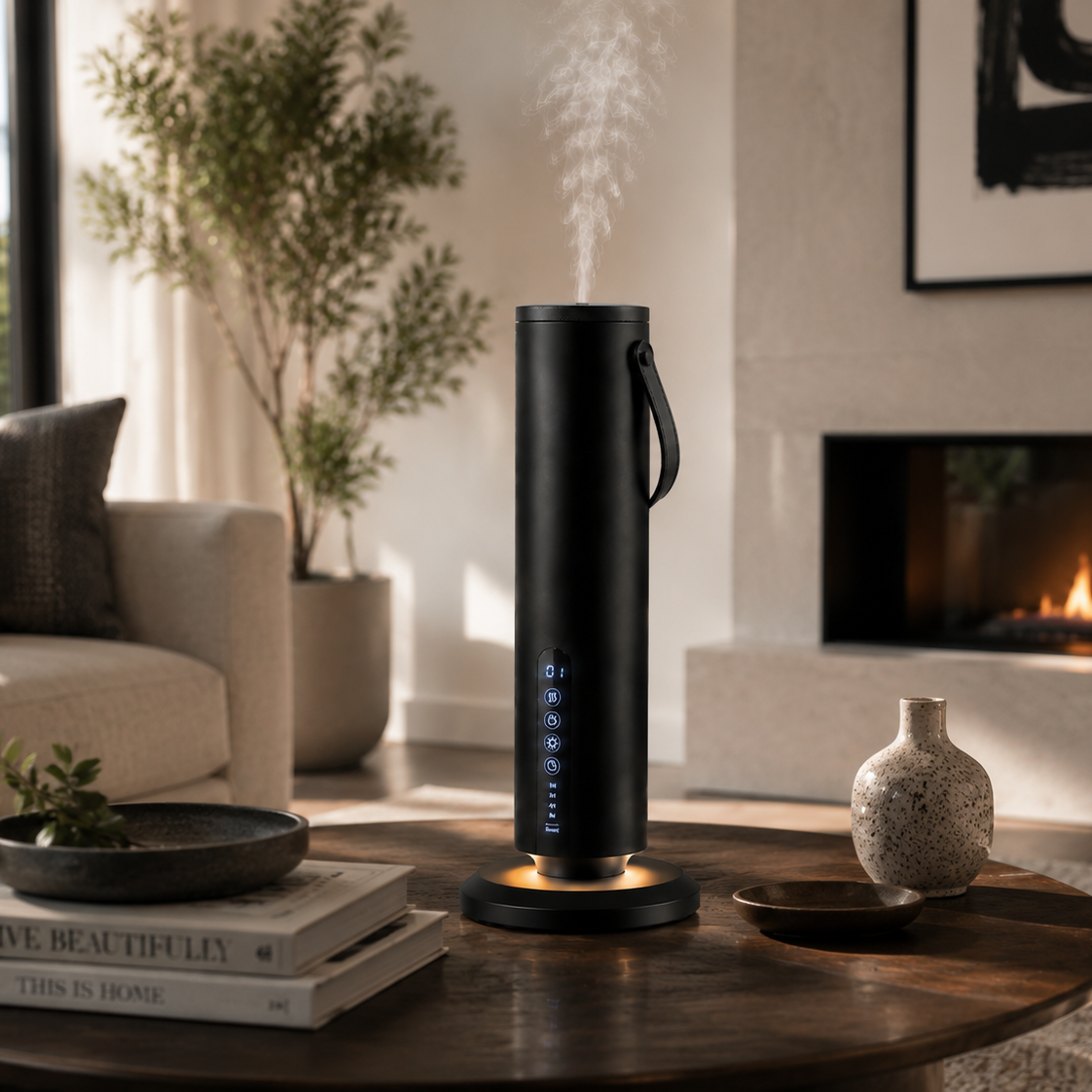 A black cylindrical tabletop humidifier with a top handle and glowing blue digital display, shown on a round wooden coffee table in a modern living room with a fireplace, sofa, and decorative vase.